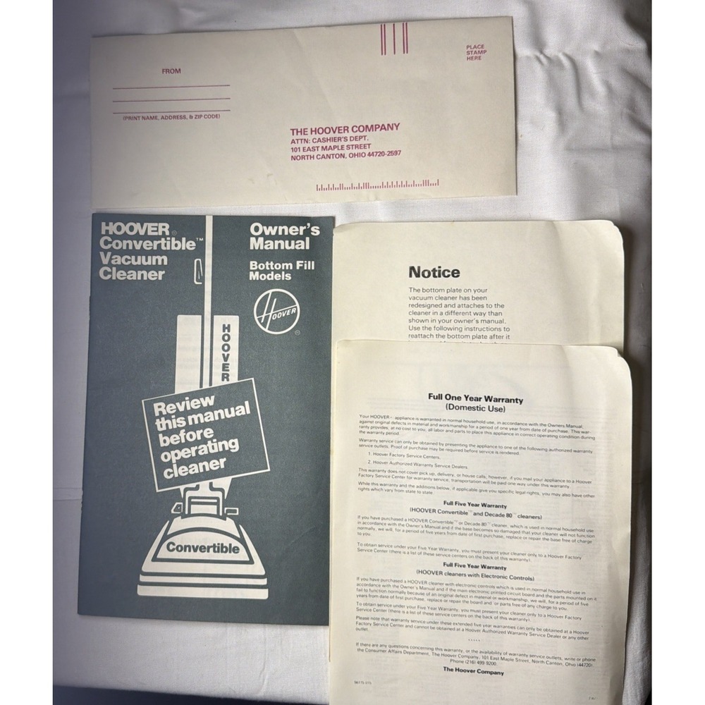 VINTAGE HOOVER CONVERTIBLE Bottom Fill VACUUM CLEANER OWNERS MANUAL 1979 Black M